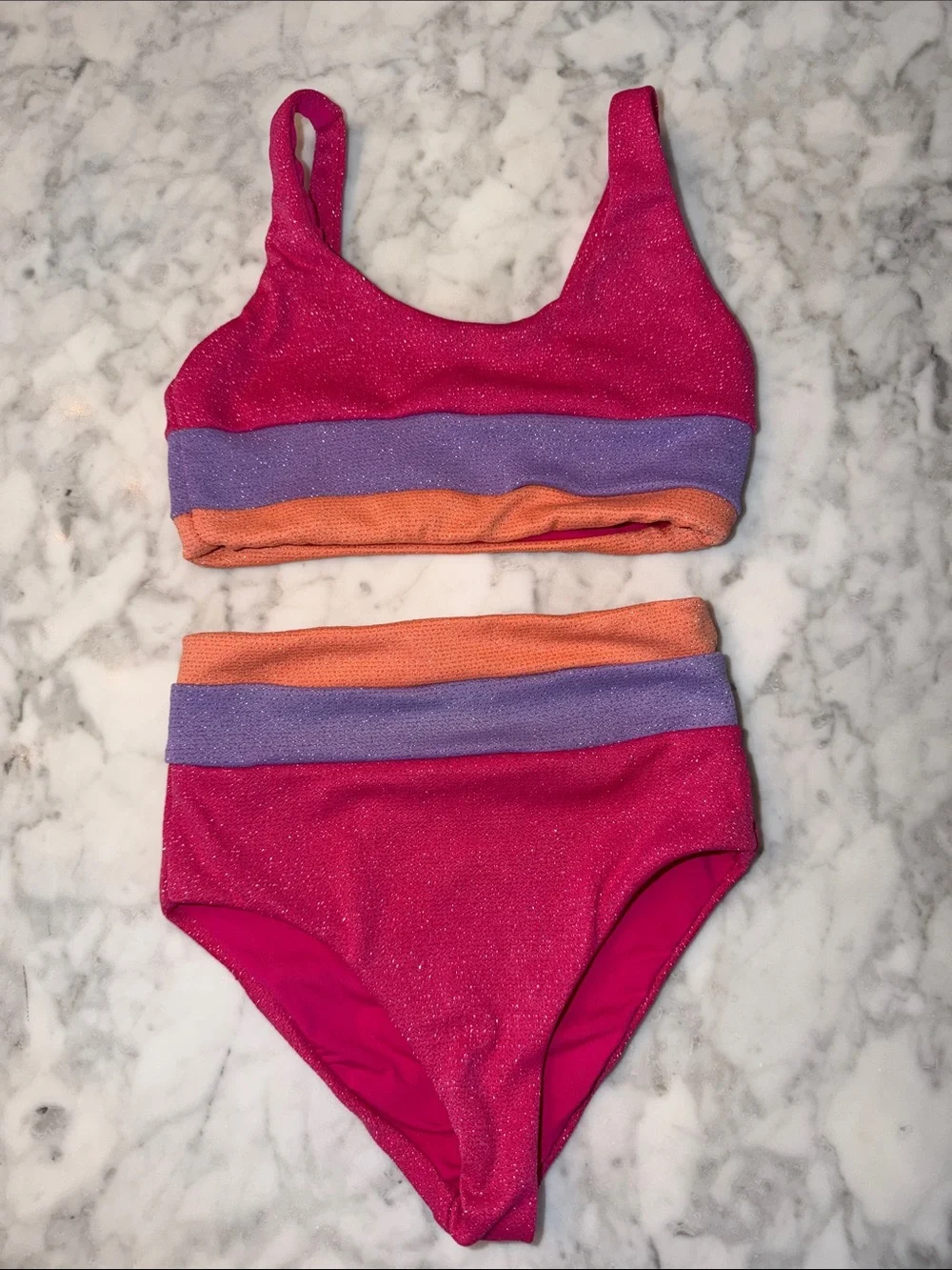 Beach Riot Girls Glitter Pink Two-Piece Bikini with Purple and Orange Bands 3/4Y